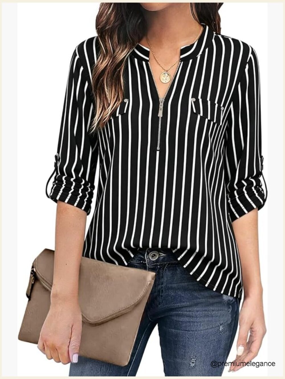 3/4 Sleeve Zip Up V Neck Chiffon Blouse Tunic Top Work Dressy Casual